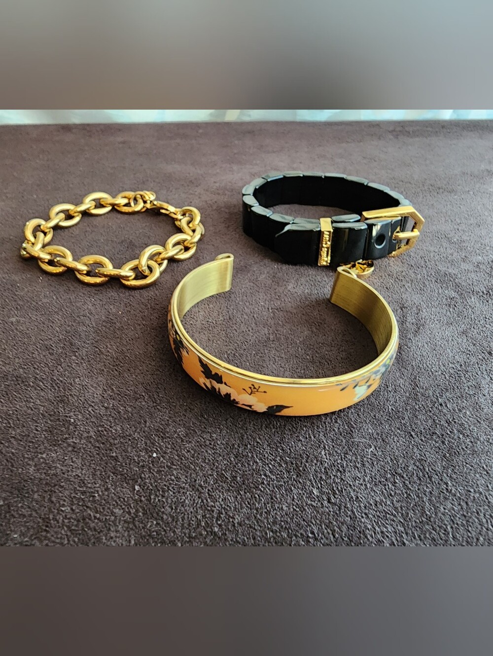 Rustic Cuff Bracelet Set of 3 Gold Chain Buckle Enamel Floral Cuff